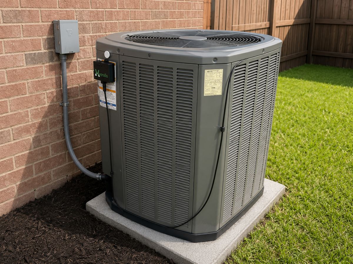 A Vetralis monitor mounted on the side of a residential outdoor condenser unit